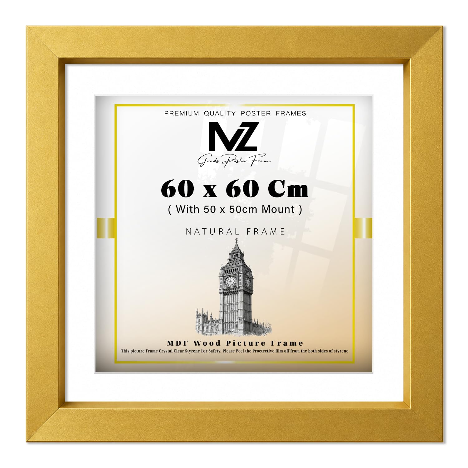 MZ GOODS | MDF Artistic Home & Office Frame (60 x 60 Cm) with 50 x 50 Cm White Mount Engineered Wood | 24X24 Inch Painting, Art Print, Certificate, Wall Frame [ Gold ]