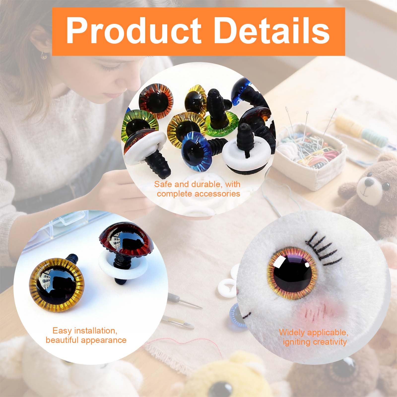 Occhi di Sicurezza per Bambole 30 Pezzi 13mm in Plastica Glitter con Rondelle, Occhi Artigianali Tondi per Uncinetto, Peluche, Pupazzi Fai da Te, con Scatola Portaoggetti - 3
