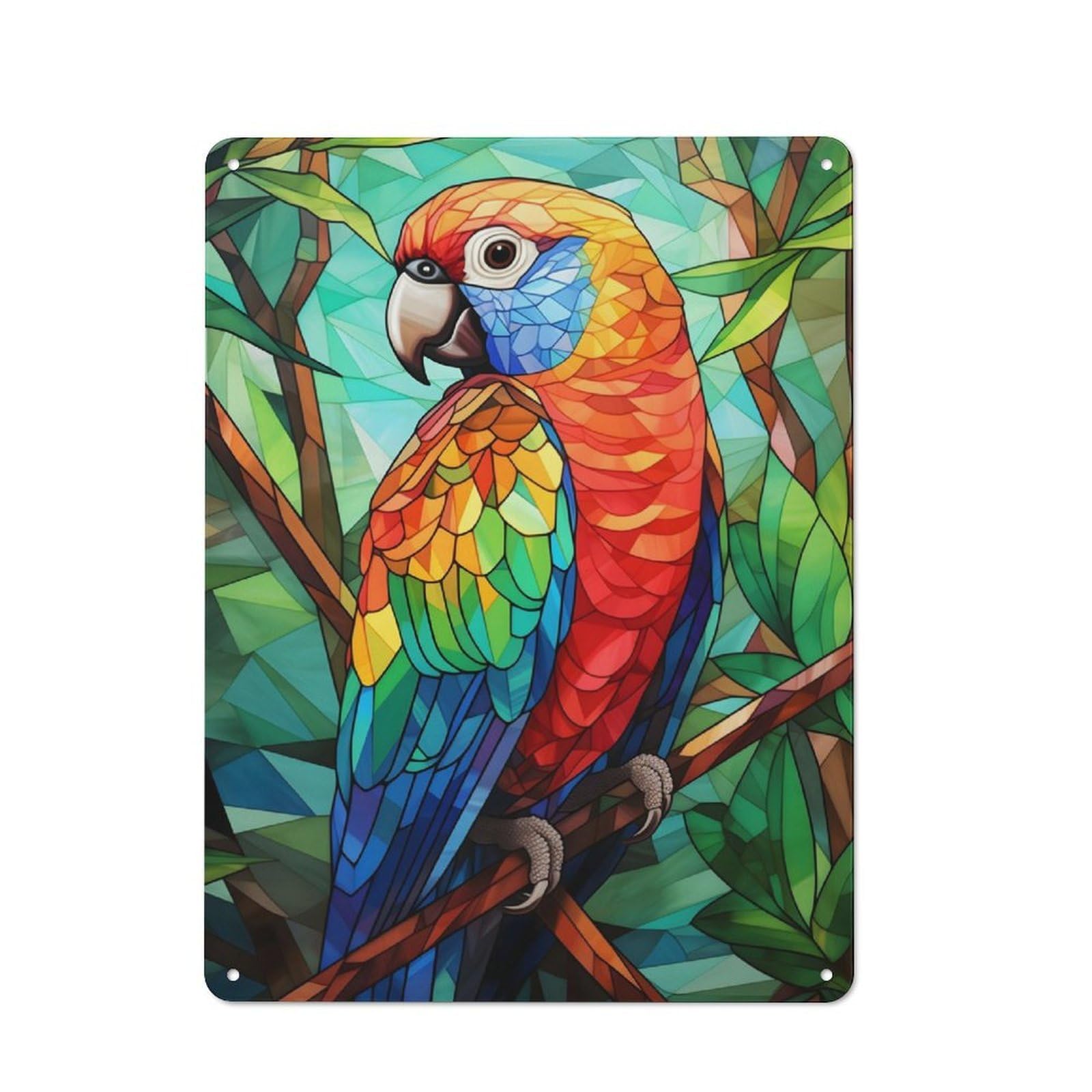 Junmoney Parakeet Stained Glass Rustic Tin Sign 40X30cm Featuring For Living Room Wall, For Metal Sign Collectors, For Garage And Workshop Walls