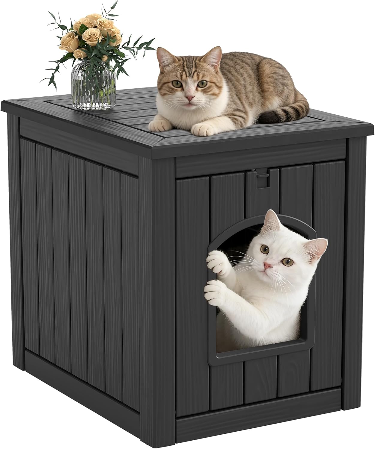 Cat Litter Box Enclosure, Enclosed Cat Litter Box Raised Floor, Openable Front Door Outdoor Cat House Weatherproof, Easy to Clean, Black