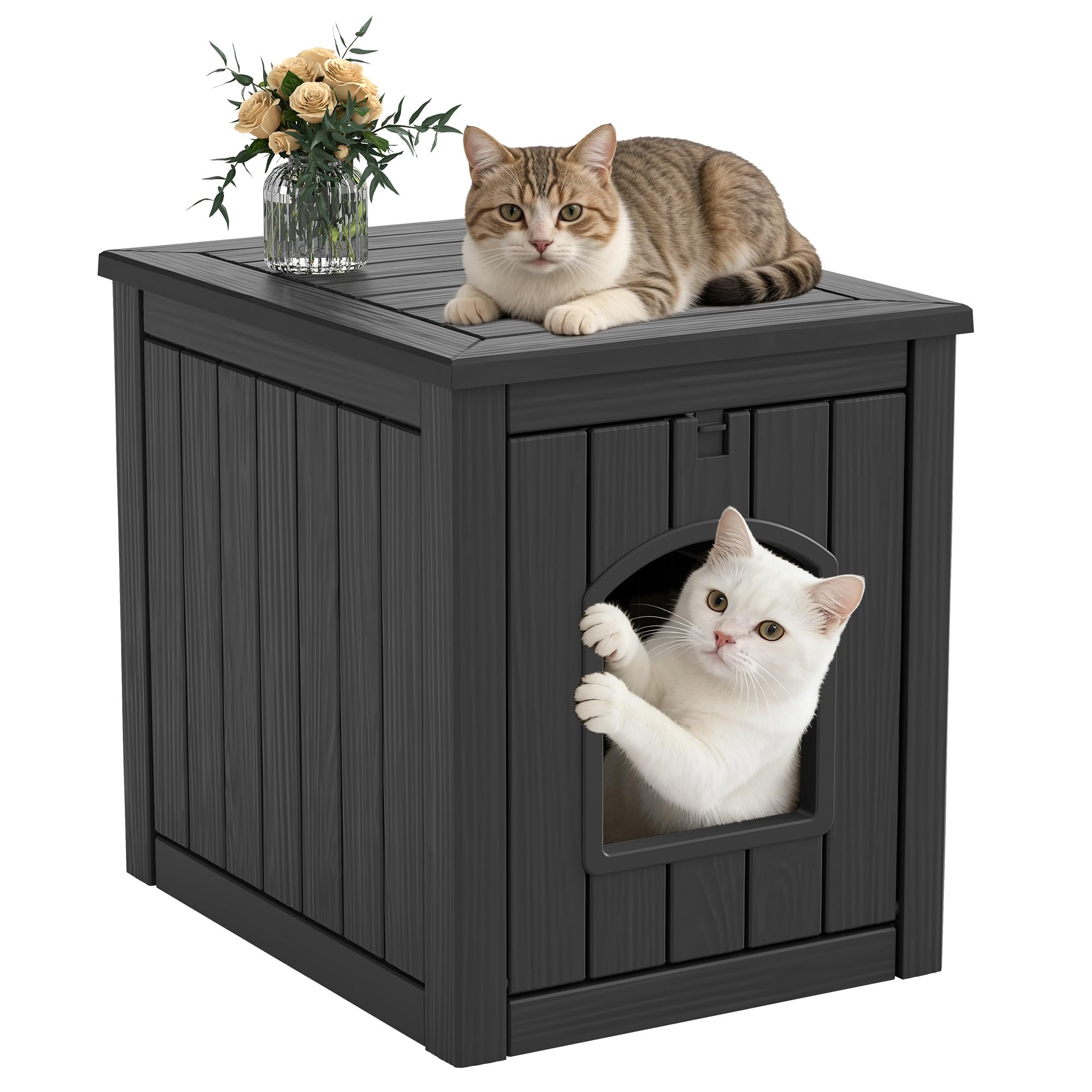 Cat Litter Box Enclosure, Feral Outdoor Cat Enclosure Weatherproof for Winter Outside, Cat Litter Box Furniture Fit Litter Box, Sturdy Resin Shelter for Living Room, Easy to Assemble, Black