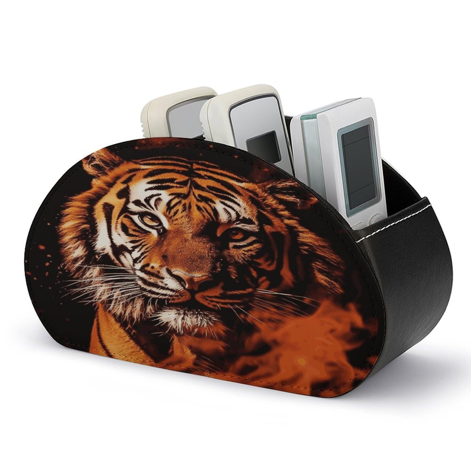 JTREHY Tiger in Fire Remote Control Holder 5 Compartments Remote Caddy Tray PU Leather TV Remoter Storage Box Bedside Table Storage Organizer Office Desk Storage Case