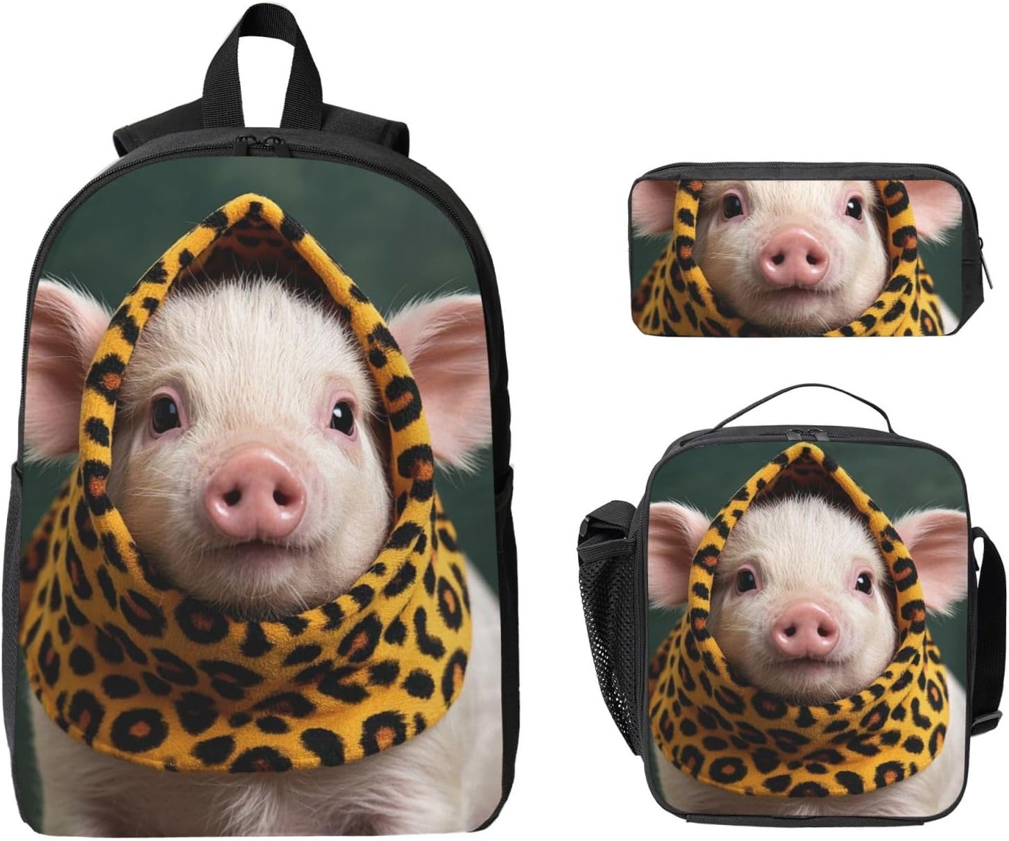 Funny cute piggy Backpack Set 3 PCS - 17 Inch Laptop Backpack with Lunch Bag, Waterproof Daypack Insulated Lunch Box Large Capacity Coin Pouch Personalized Gift image 2