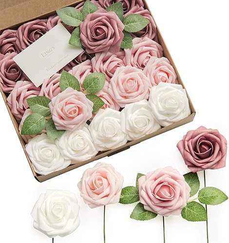 Ling's Moment Rosas artificiales, 25 unidades, color rosa viejo ombré, rosas falsas con tallo para ramos de boda, centros de mesa, arreglos de
