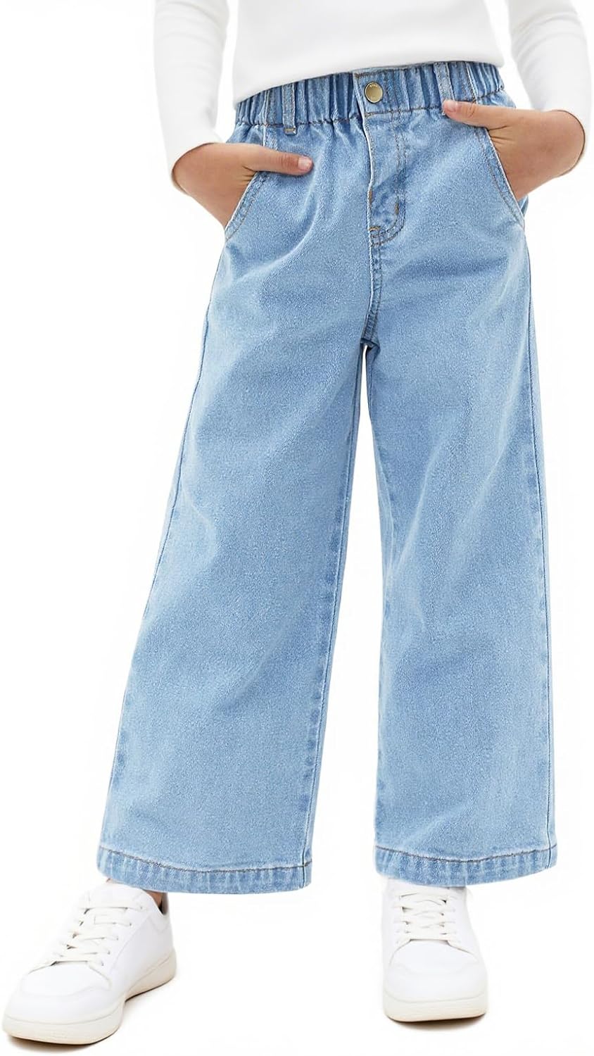 Haloumoning Girls Wide Leg Jeans Kids Elastic Waist Casual Demin Pants with Pockets 5-14 Years