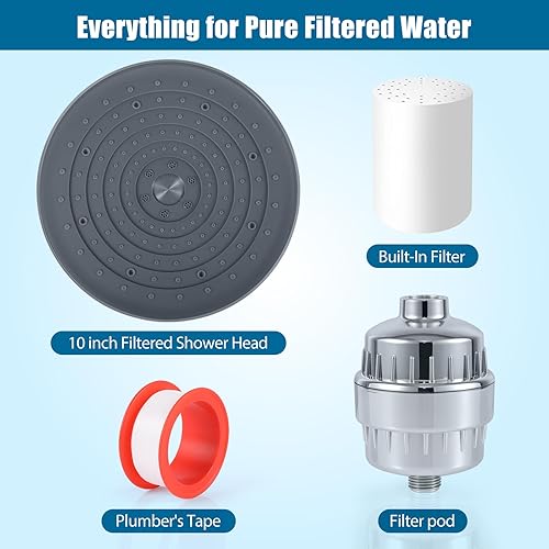 Miniatura 7 de Cabezal de ducha de alta presión de 10 pulgadas con filtros, cabezales de ducha de lluvia para eliminar el cloro, cabezal de ducha filtrado para
