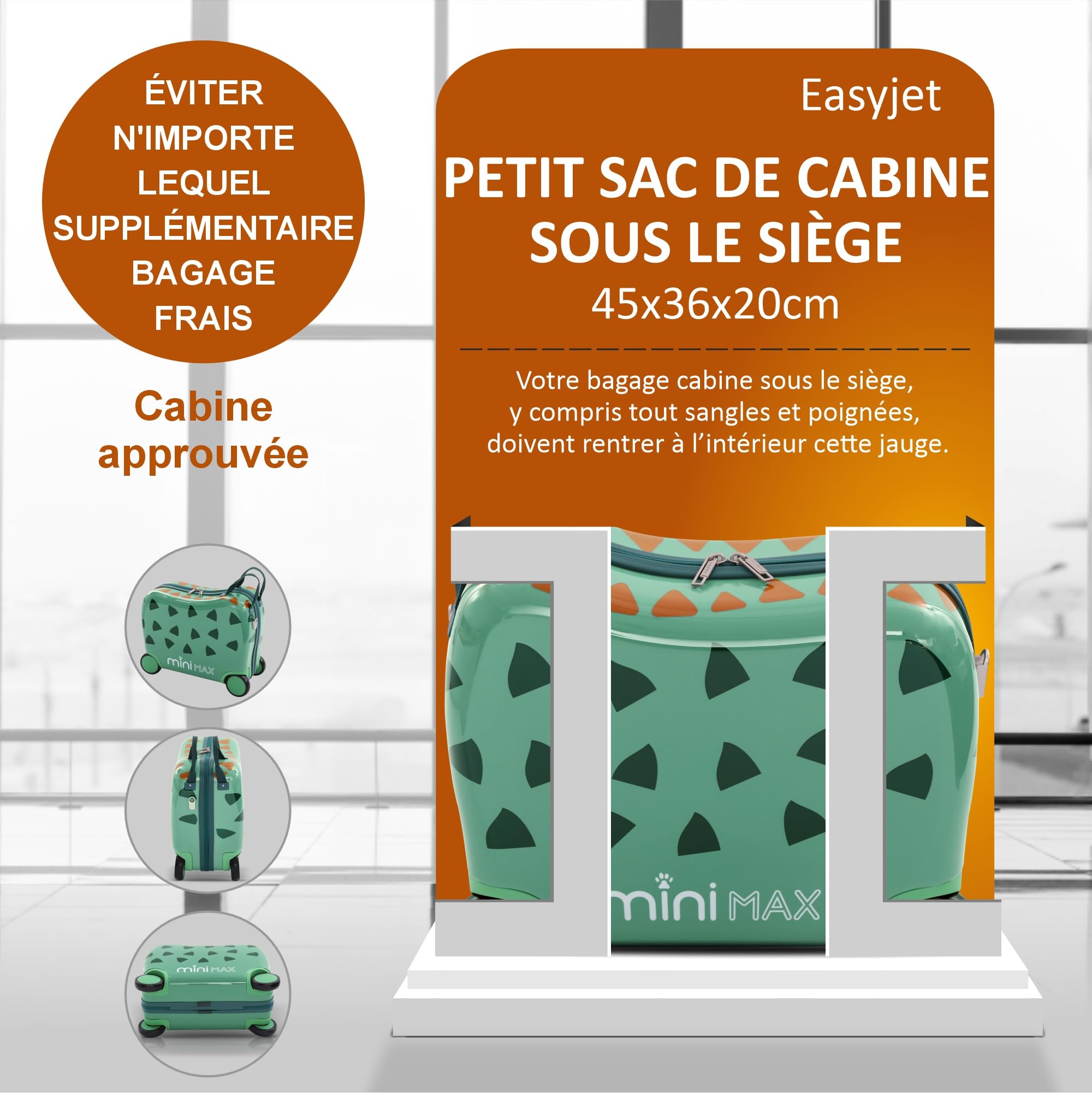 Aerolite Minimax Valise Enfant à 4 roulettes 45x36x20cm - Bagage Cabine pour Enfants 29L Bagage à Main de Voyage à Coque Rigide et 4 Roues - Set de Bagages avec Sac et Oreiller 45x36x20 (Dinosaure)