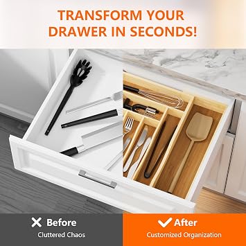 Expandable and Adjustable Bamboo Drawer Organizer Tray - Cutlery Drawer Organizer for Kitchen Utensils, Silverware Organizer with Dividers, 7-9 Slots with Curved Grooves (Natural)