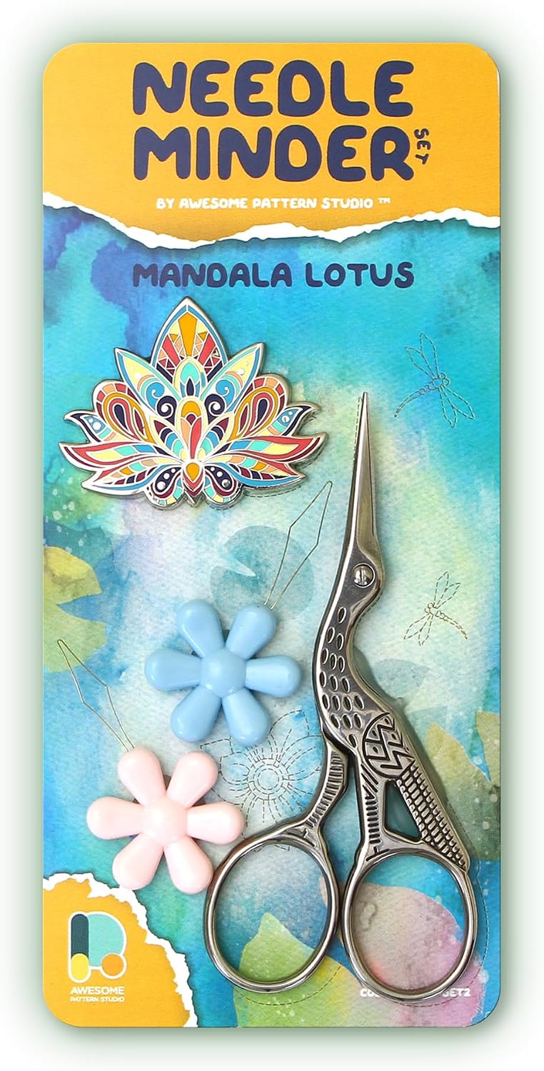 Needle Minder Set - Mandala Lotus Magnetic Needle Minder + 2 Needle Threaders + Crane Scissors. Enamel Pin for Cross Stitch, Embroidery and Craft