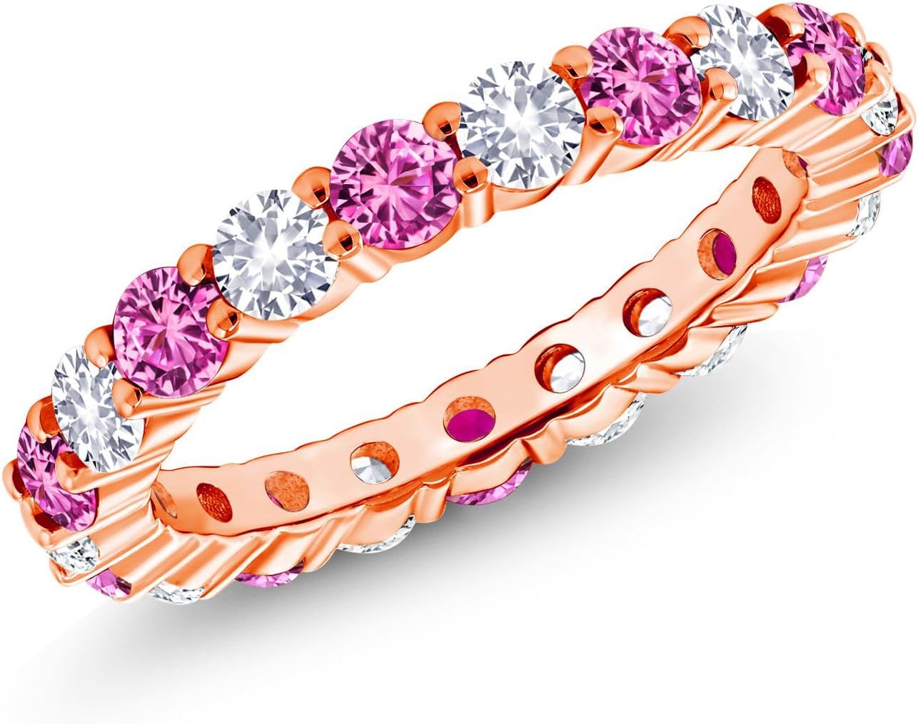 Gem Stone King 1.33 Cttw Round Pink Sapphire and White Created Sapphire 18K Rose Gold Plated Silver Eternity Band Ring | Wedding Engagement Anniversary Promise Ring For Women | Available In Size 5-9