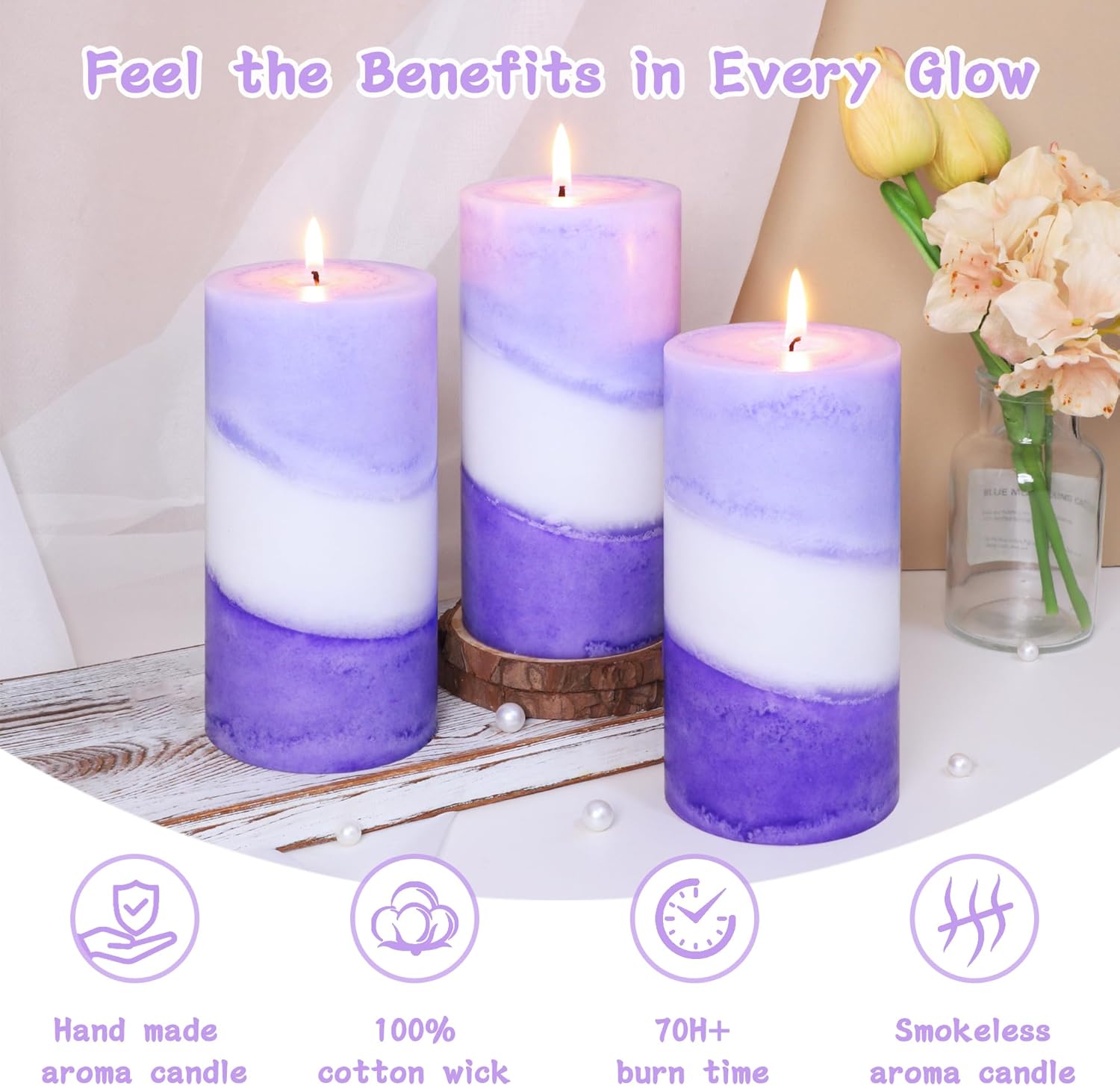 Lavender Aromatherapy Scented Pillar Candles, Purple and White Striped, 3x6 Inch, 100% Cotton Core Handmade Paraffin Wax Candles for Housewarming Gift Home Room Shelf Decor, Set of 3