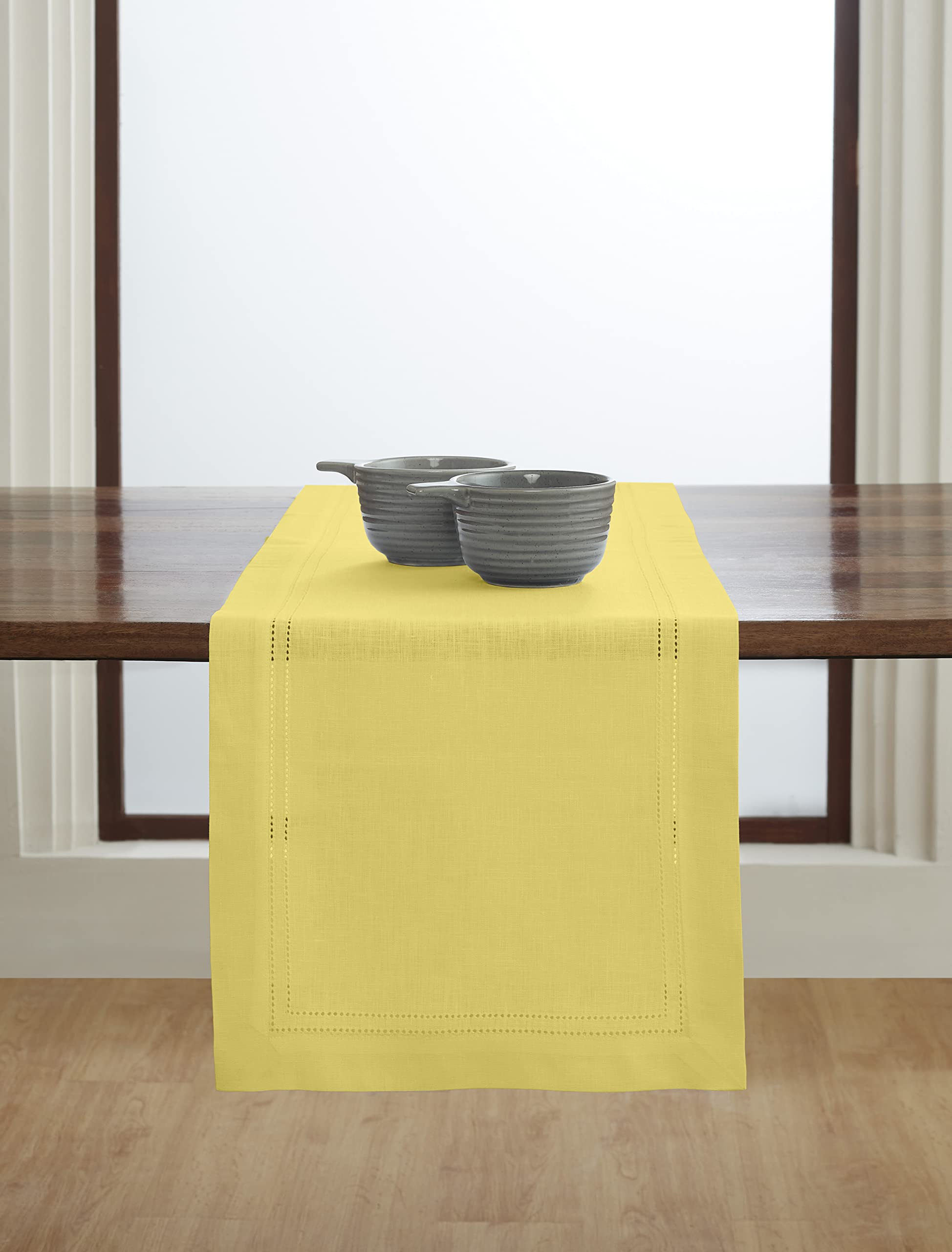 Solino Home Camino de mesa de lino de 14 x 72 pulgadas, 100% lino puro, amarillo sol, hecho a mano y lavable a máquina, camino de mesa de doble vainica para primavera, Pascua, verano, boda