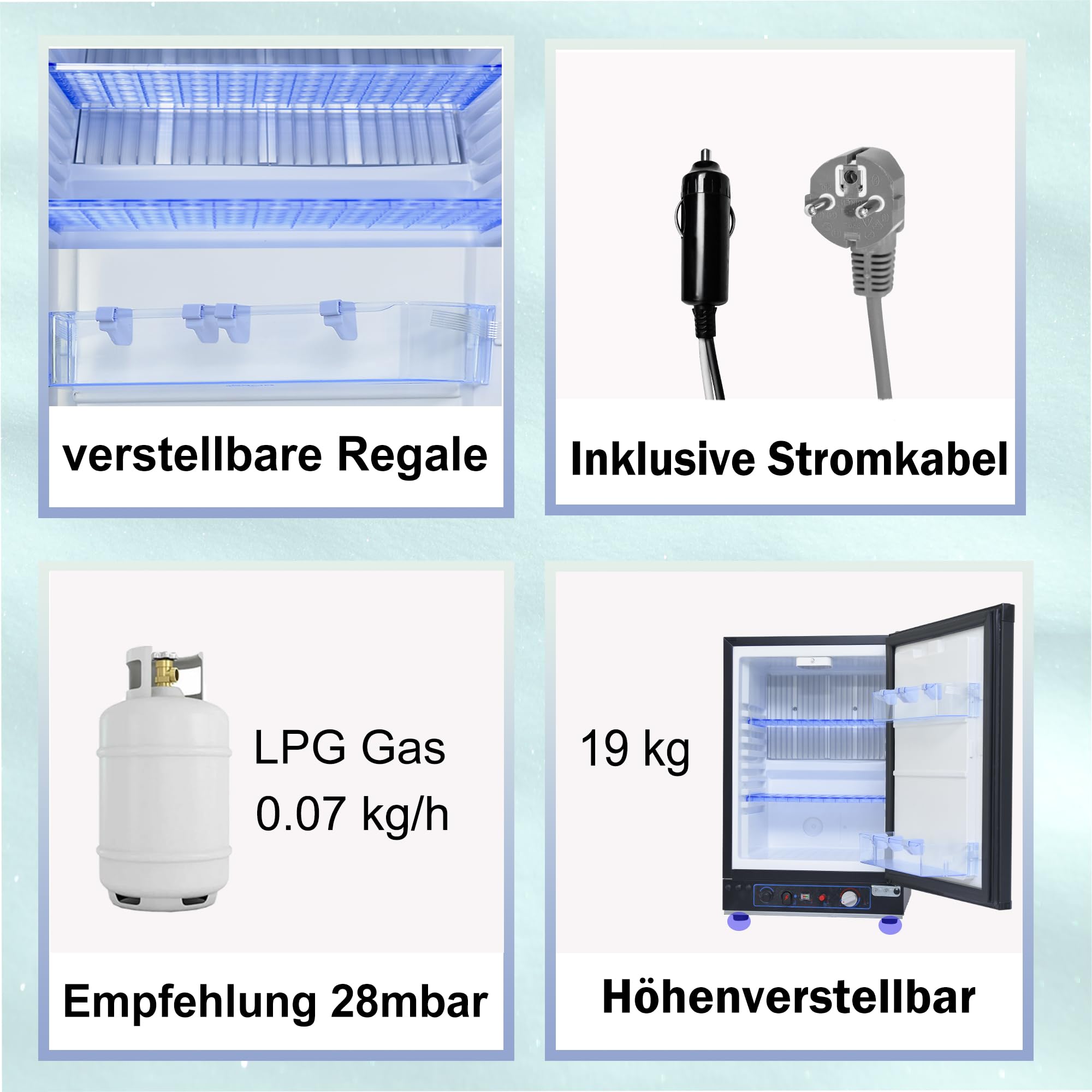 Smad Camping Gas Kühlschrank 12V 230V, 40L, 0-10℃, Leiser Absorber Wohnmobil Kühlschrank für Auto, Büro und Schlafzimmer, Wendetür, Schwarz