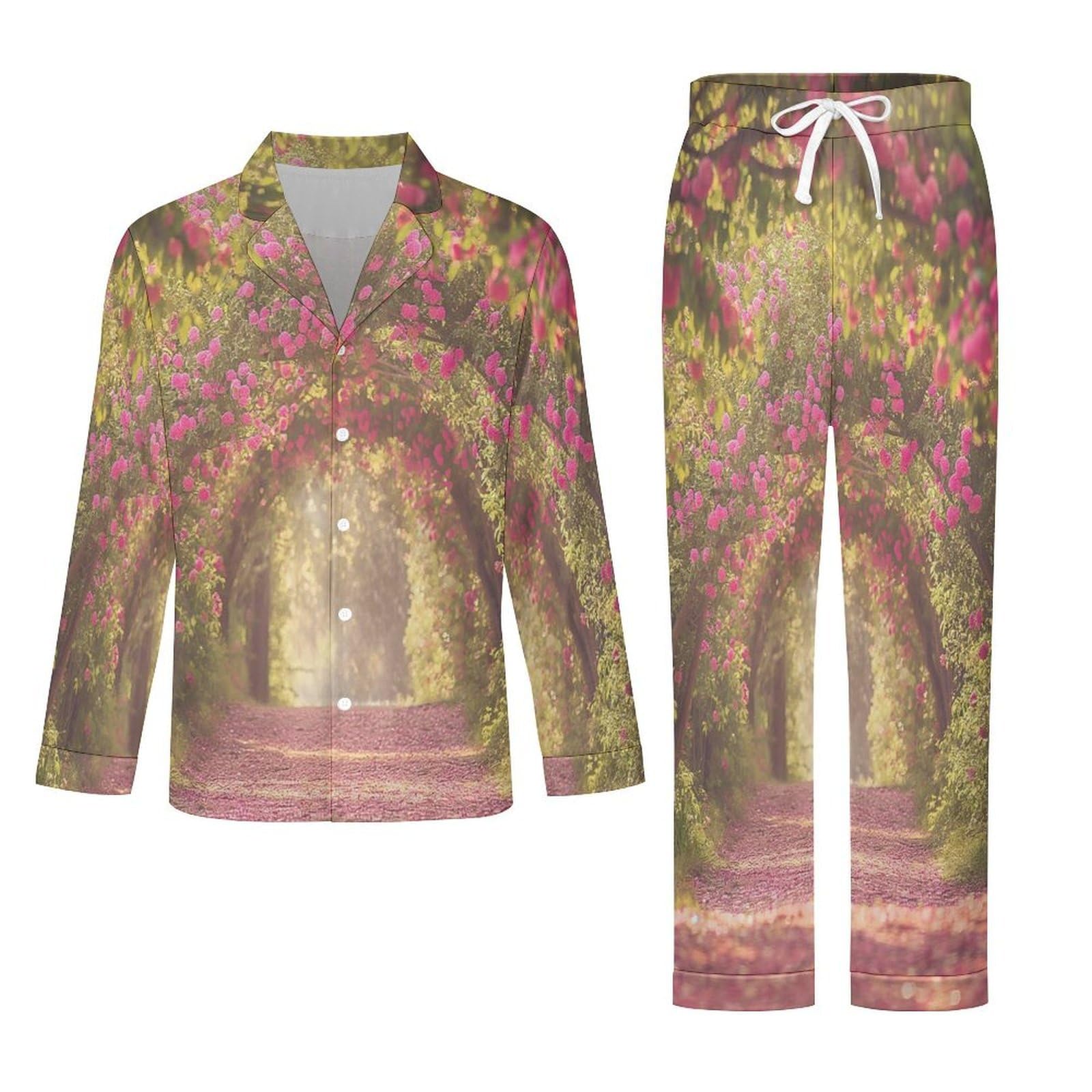 OLEETS Pigiama A Maniche Lunghe da Uomo - Mare di Fiori Rosa Pigiama Invernale Completo con Top E Pantaloni 2 Pezzi Morbido E Confortevole Casual da Notte