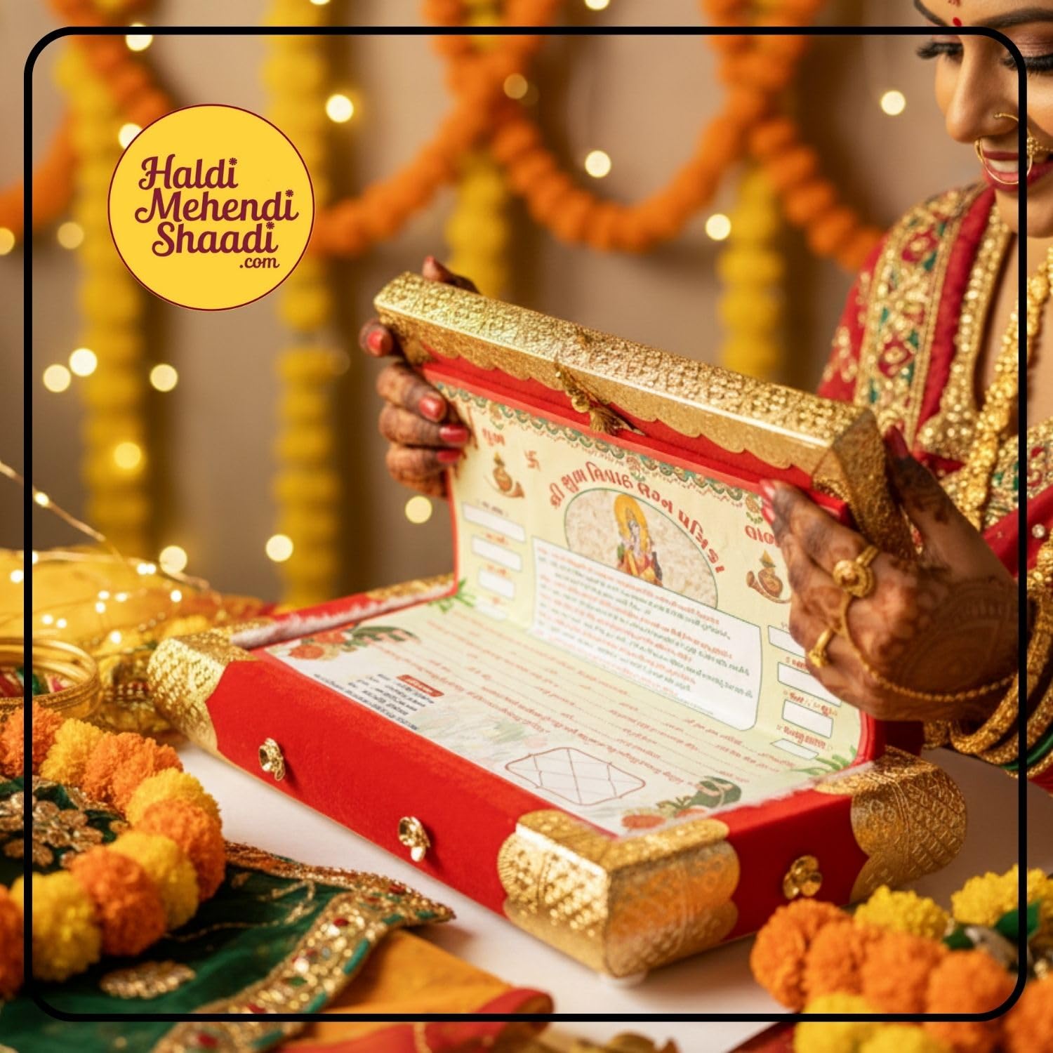 HALDI MEHENDI SHAADI Red Velvet Wedding Invitation Box with Gold Brass Frame, Ganesh Design, 12x6 Inch, Traditional Marriage Patrika with Tassel 1