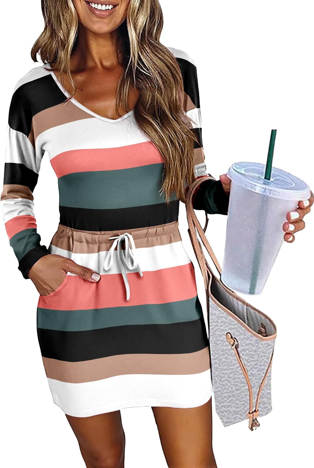 LUXVEER Women's Long Sleeve Dress V Neck Drastring Waist Casual Short Mini Dresses 2025 Trendy Fall Outfits