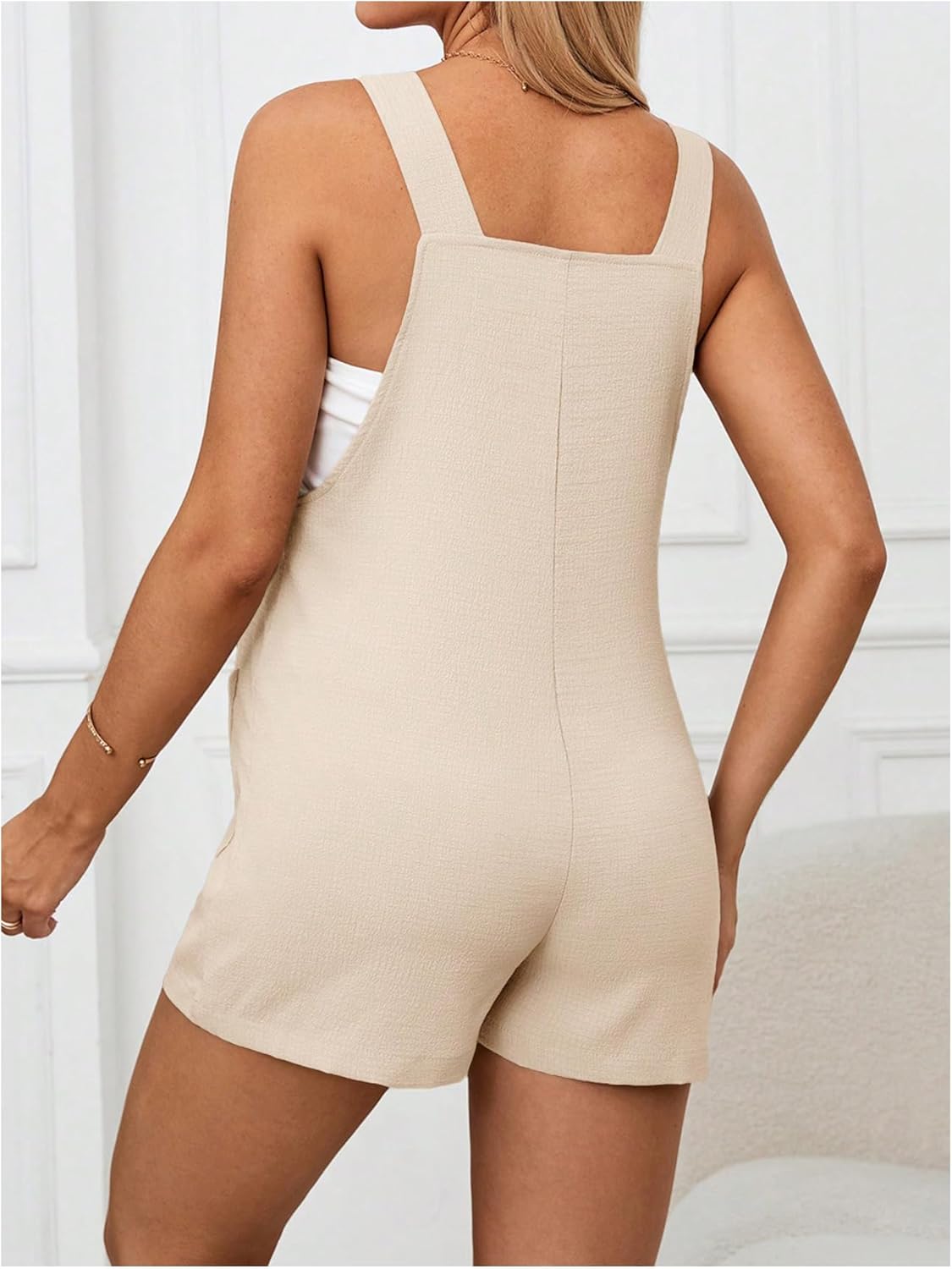 OYOANGLE Women's Maternity Tie Knot Wide Strap Suspender Overall Shorts Jumpsuit Sleeveless Romper with Pocket - Image 2