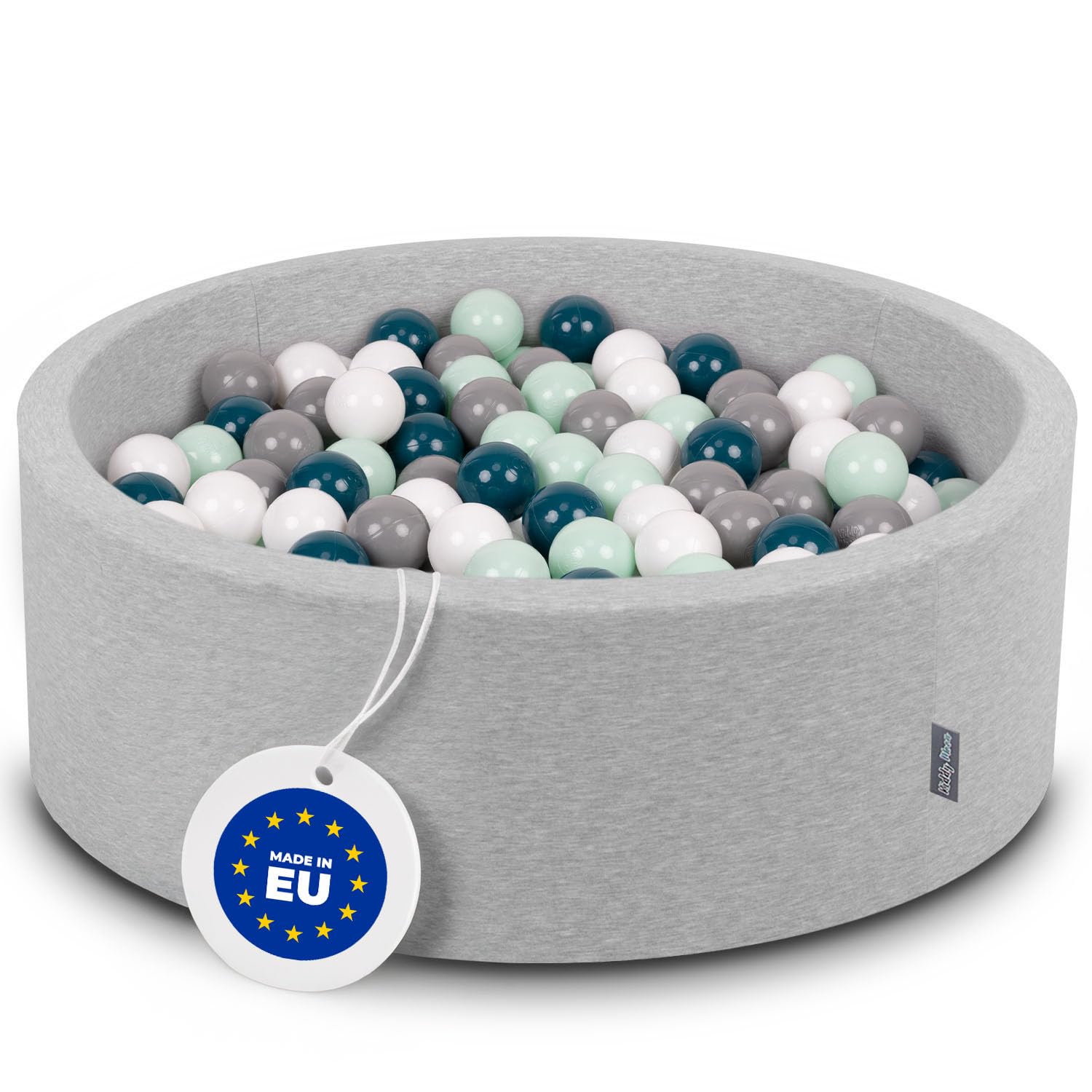 KiddyMoon 90X30cm/300 Balls ∅ 7Cm / 2.75In Baby Foam Ball Pit Made In EU, Light Grey:Dark Turquoise/Grey/White/Mint — image 1