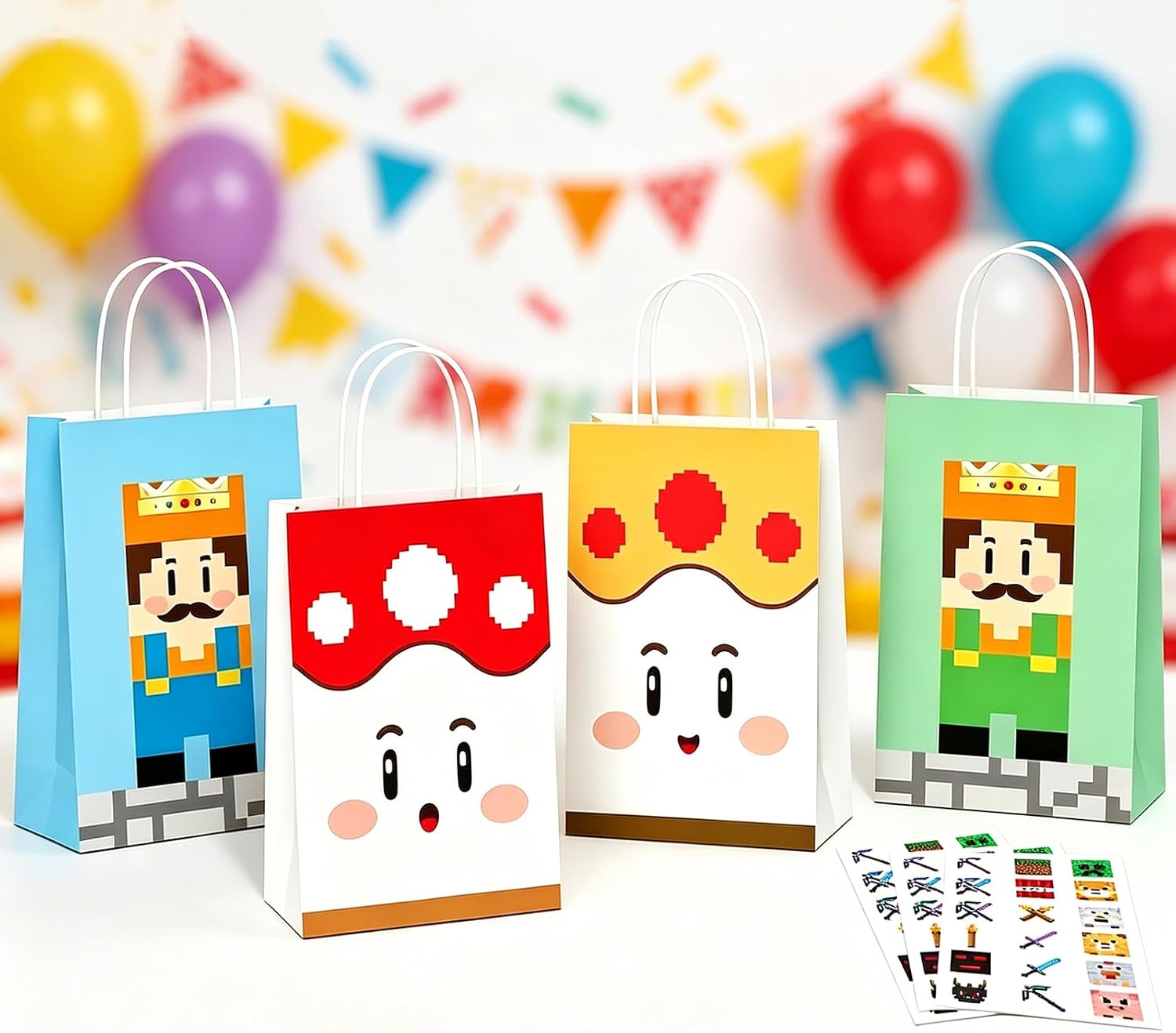 Magpixel 16PCS Gift Bags with Handle, 54PCS Pixel Temporary Tattoos