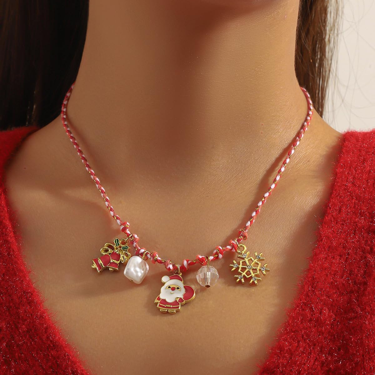 Christmas Necklace for Women Adjustable Colorful Cord Chain Santa Claus Snowman Snowflake Pendant Necklace Christmas Costume Accessory Jewelry for Women - Image 2
