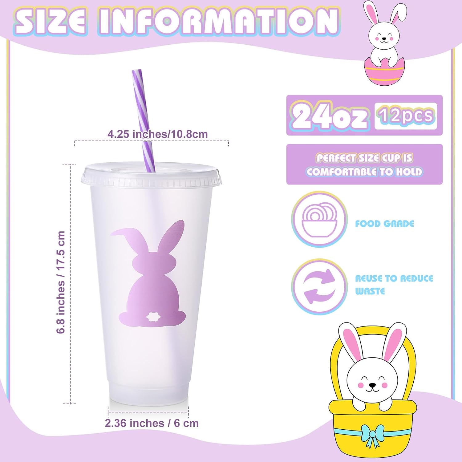 12 Pcs Easter Plastic Cups with Lids and Straws Bunny Rabbit Cups Bulk Reusable Tea Coffee Tumbler for Easter Day Party Drinkware Holiday Supplies (24 oz) image 2