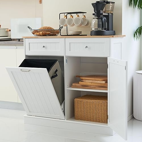 Miniatura 9 de Spurgehom Gabinete de Basura de Doble Puerta Contenedores de Residuos de Cocina, Cesta de Ropa Sucia Gabinete de Bote de Basura Inclinable con Bolsa