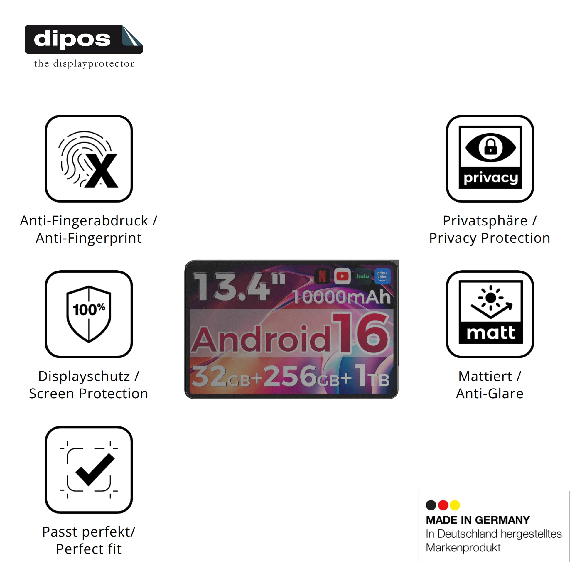 dipos Protector de Pantalla Antiespía para RebotAi AF13 | Película protectora mate, filtro de privacidad 4 vías, ajuste perfecto, antiarañazos, sin burbujas, autoadhesivo