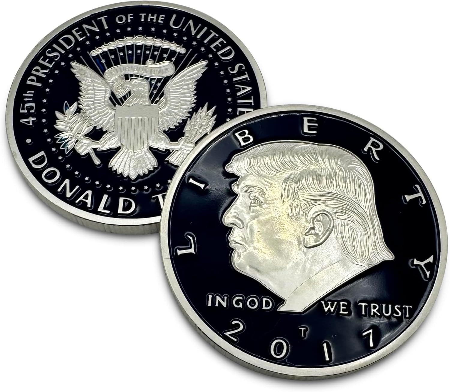 Donald Trump Silver & Blue American Eagle 2017 Coin, Presidential Challenge Coin, Trump Coin Souvenir for Collectors, Silver Plated with Blue Inlay, 38mm x 2mm with Plastic case. (2017 Blue & SilverTrump Eagle) Thumbnail