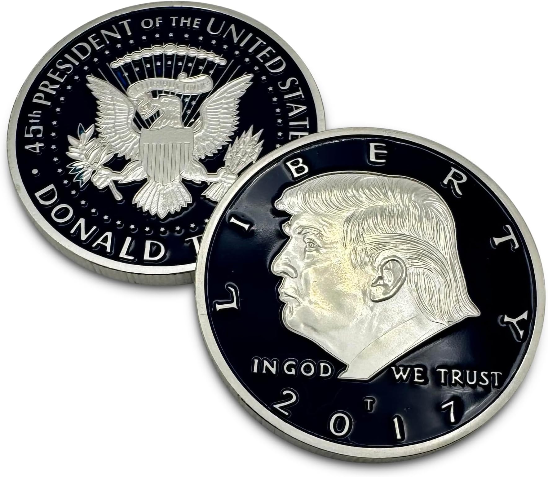 Donald Trump Silver & Blue American Eagle 2017 Coin, Presidential Challenge Coin, Trump Coin Souvenir for Collectors, Silver Plated with Blue Inlay, 38mm x 2mm with Plastic case.