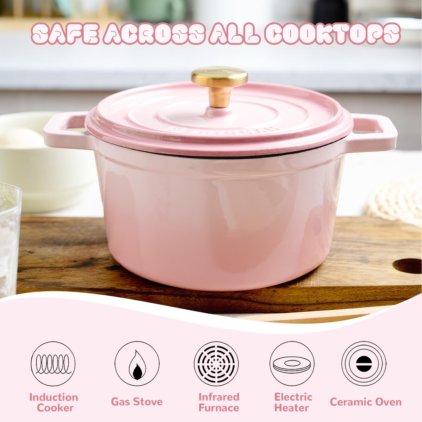 Cocotte en fonte émaillée antiadhésive avec couvercle et 2 poignées pour braiser les ragoûts, rôtir et cuire - Sans danger sur toutes les tables de cuisson (rose)