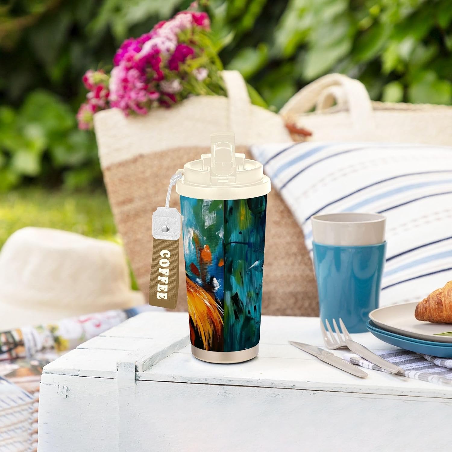Fox Face Watercolor Insulated Coffee Mug with Straw & Flip Lid, 16.9oz Iced Tumbler Cup, Double Wall Vacuum Mug for Travel Office