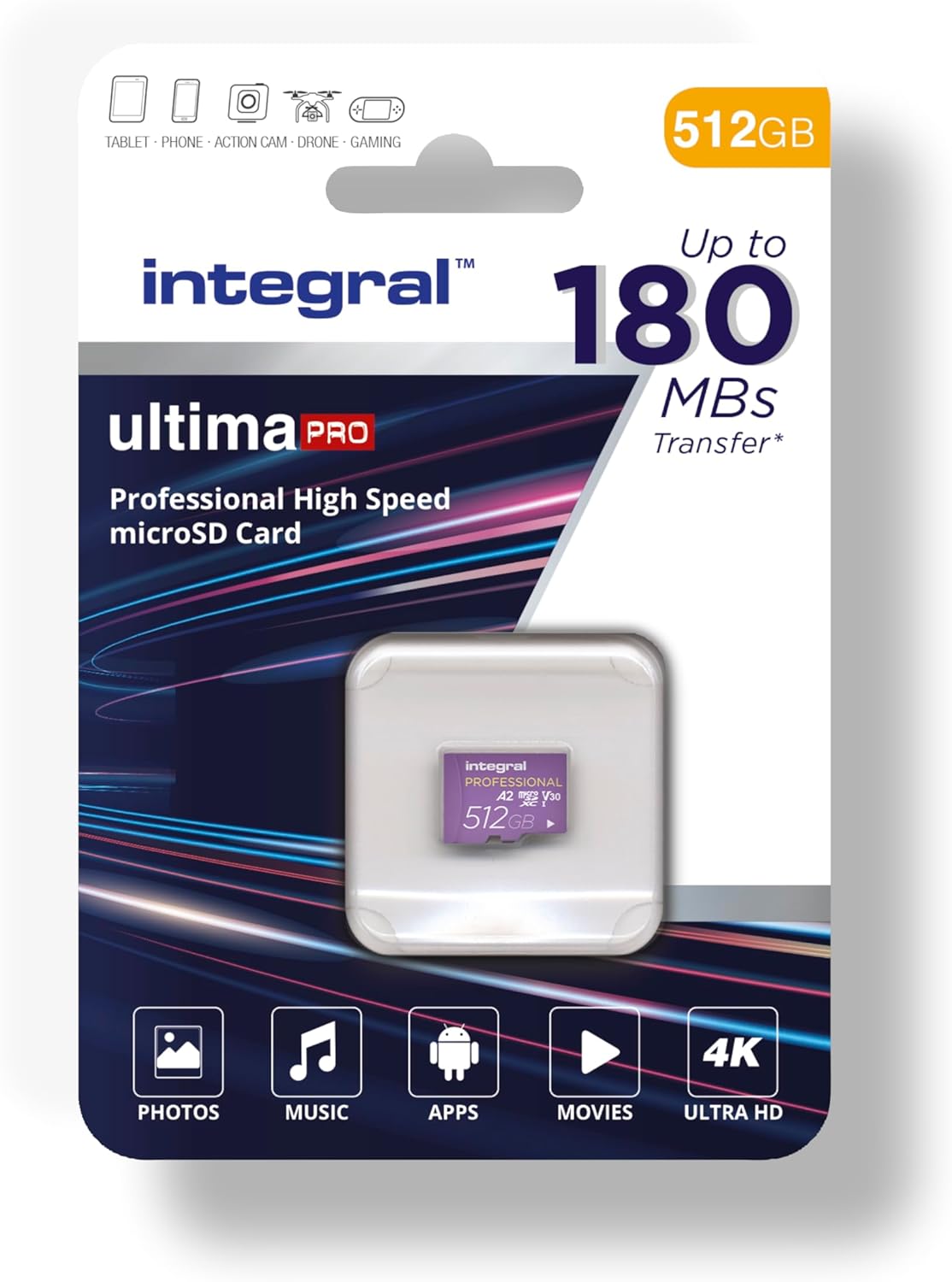 Integral 512GB Micro SD Memory Card – 180MB/s Read, 150MB/s Write | A2, UHS-I, U3, V30, C10, MicroSDXC | High Speed Micro SD Card for 4K Video, Drones, Smartphones, Steam Deck & More