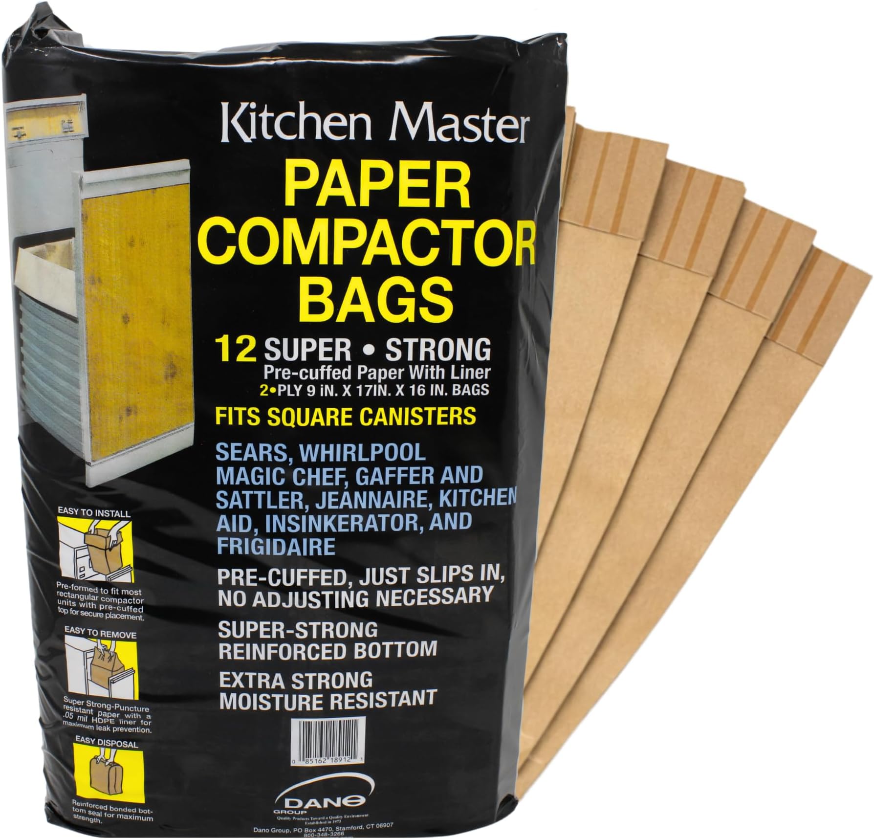 Kitchen Master Super Strong Compactor Bags (12 Pack) | Precuffed, Garbage Compactor Bags, Kitchen Liner, Paper Trash Bin Press, Kitchen Essential, Paper Garbage Press Liner
