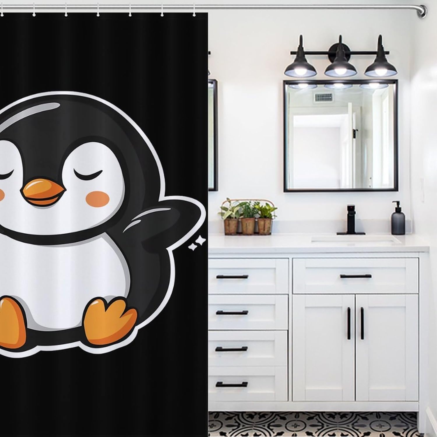 Cartoon Penguin Sleeping Bathroom Shower Curtain Waterproof Heavy Duty Polyester Bath Curtains with 12 Hooks 46.85x70.87Inch（119x180cm）
