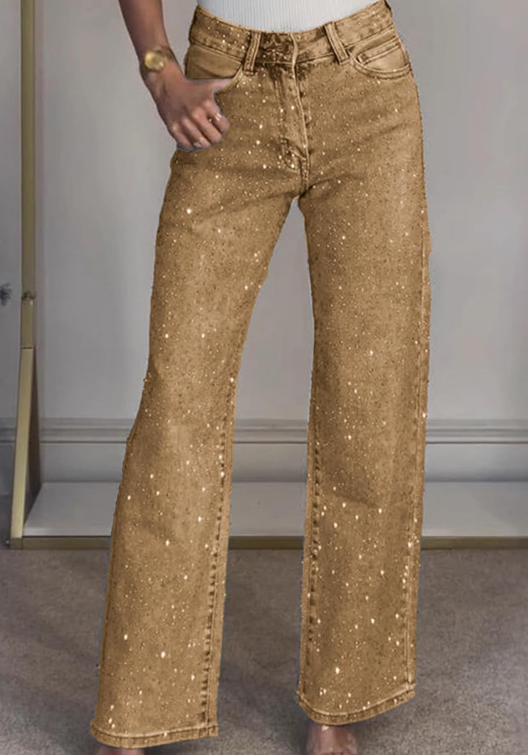 Unybwonn Straight Leg Jeans Rhinestone High Waisted Pearl Boyfried Denim Pants Sparkly Bling Glitter Bedazzled Jeans - Image 3