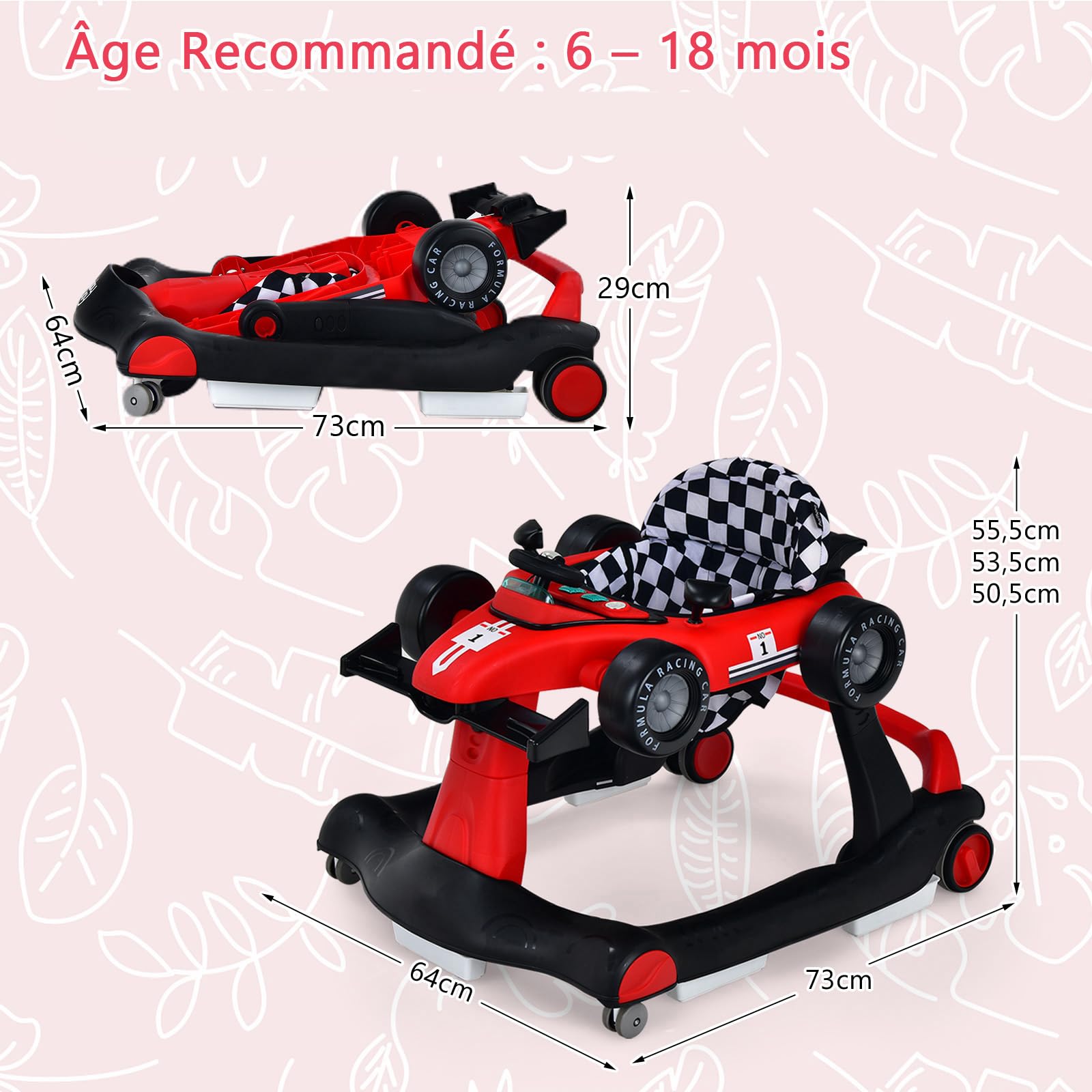 COSTWAY Trotteur Bébé Garçon Pliable 4 en 1 avec 3 Hauteur Réglable, Trotteur Marche Bébé Garçon Évolutif avec Musique & Lumière, Roues Silencieuses, 5 Patins Antidérapants pour 6-18 Mois(Rouge) - 5