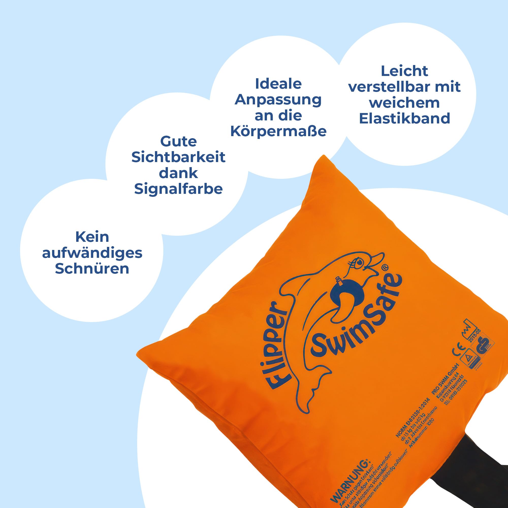 Flipper SwimSafe 1080 - Schwimmkissen für Kleinkinder aus Baumwolle, sichere Schwimmhilfe mit verstellbarem Gummiband zum Schwimmen lernen, Orange