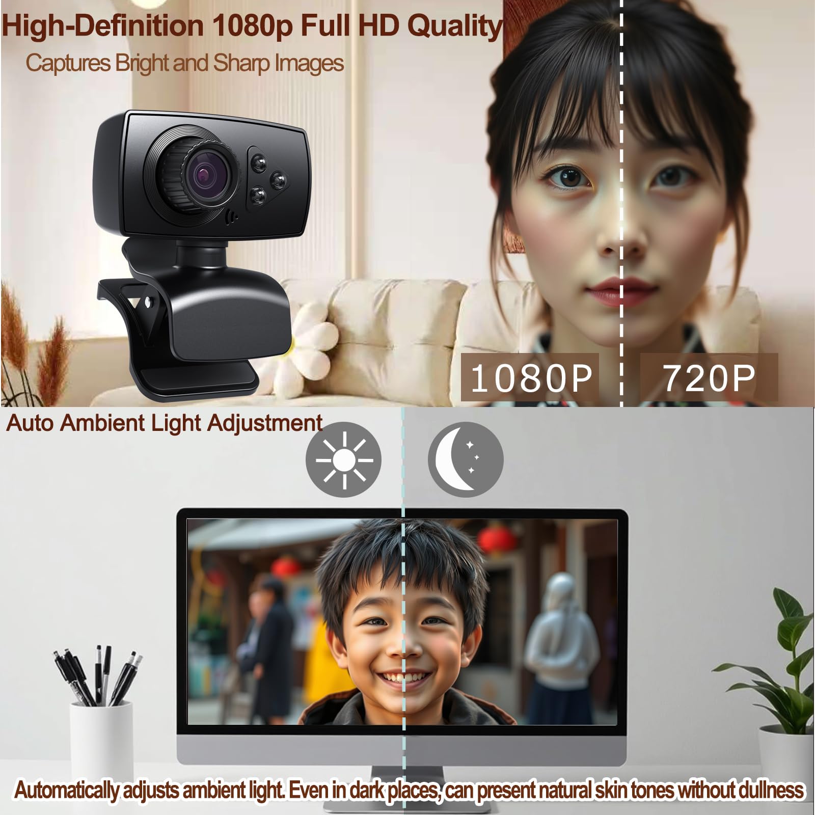 Webcam Full HD 1080p con microfono a cancellazione del rumore e correzione automatica della luce, grandangolo 110, fotocamera USB Plug & Play per laptop/desktop/Mac/Zoom/Skype/Teams