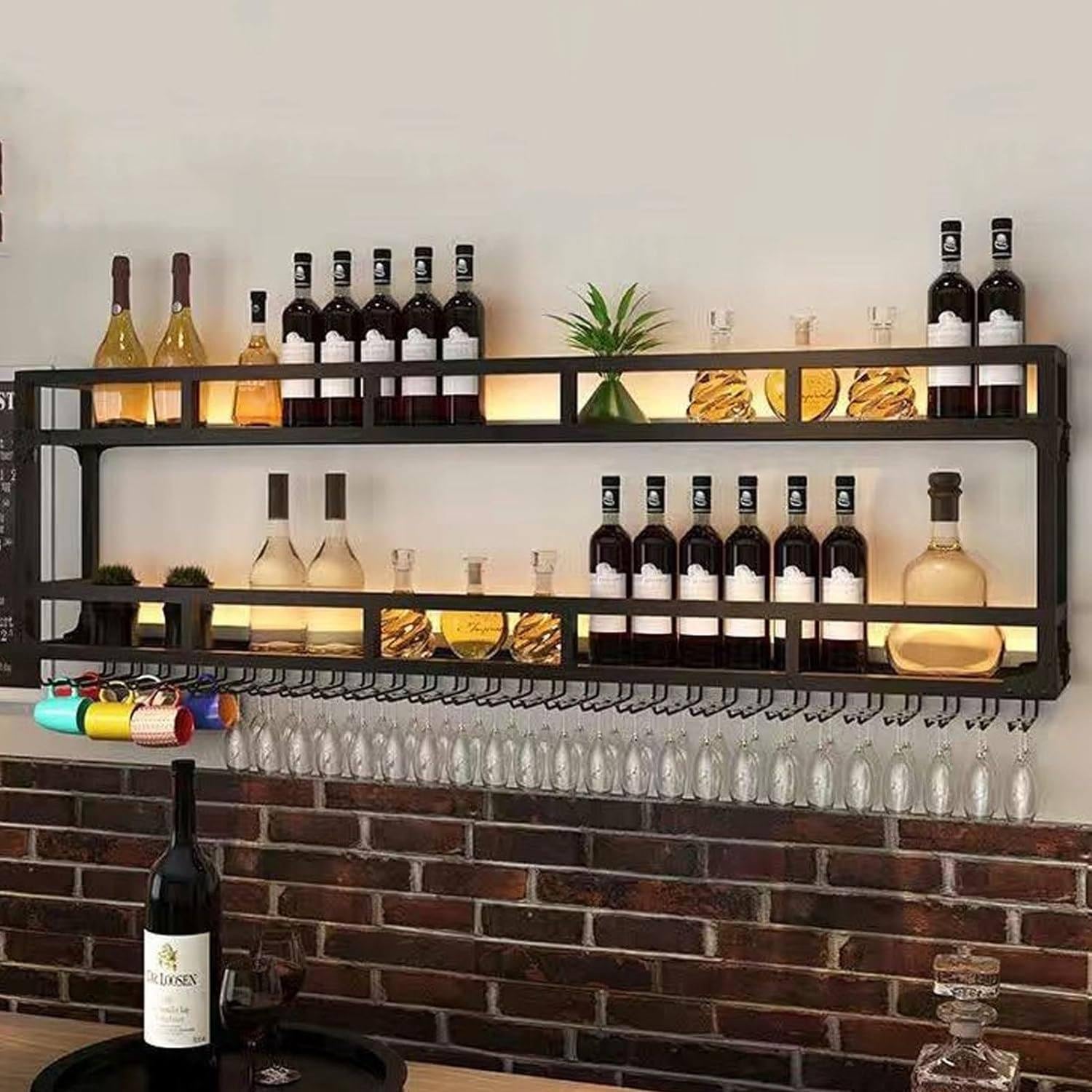 Estante De Almacenamiento Vino Moderno Montado En La Pared Con Luz LED, Estantes Flotantes Unidad De Barra, Estantes Barra Almacenamiento Cocina Para Decoración Bar Comedor De Cocina,Black-100x20x55cm