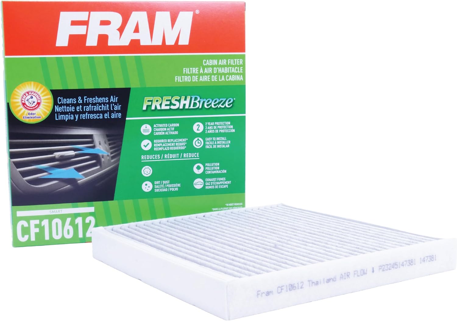 FRAM Fresh Breeze Cabin Air Filter Replacement for Car Passenger Compartment w/ Arm and Hammer Baking Soda, Easy Install, CF10612 for Select Smart Vehicles