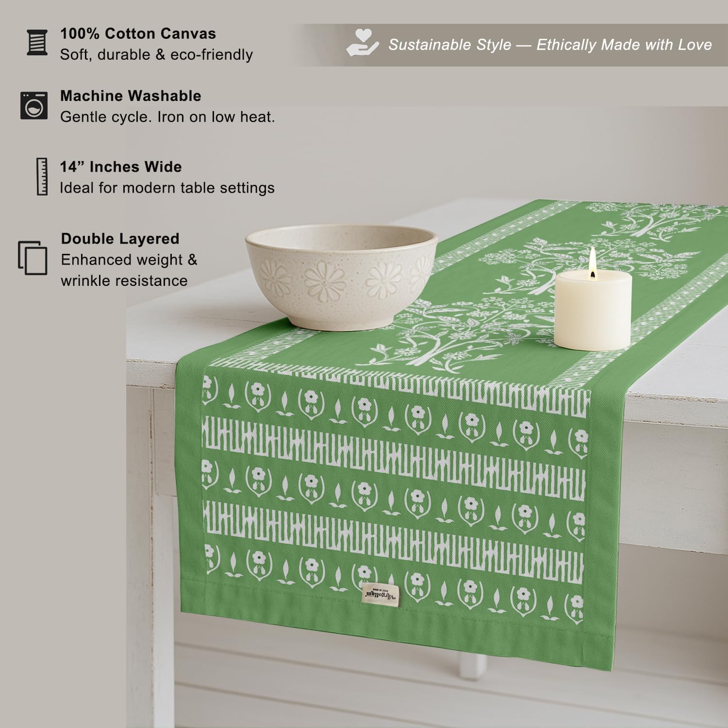 Handcrafted Double Layer Cotton Table Runner - Vargottam Fabric Table Linen with Border - Machine Washable, Stylish Runner for Dining & Console Tables - Leaves