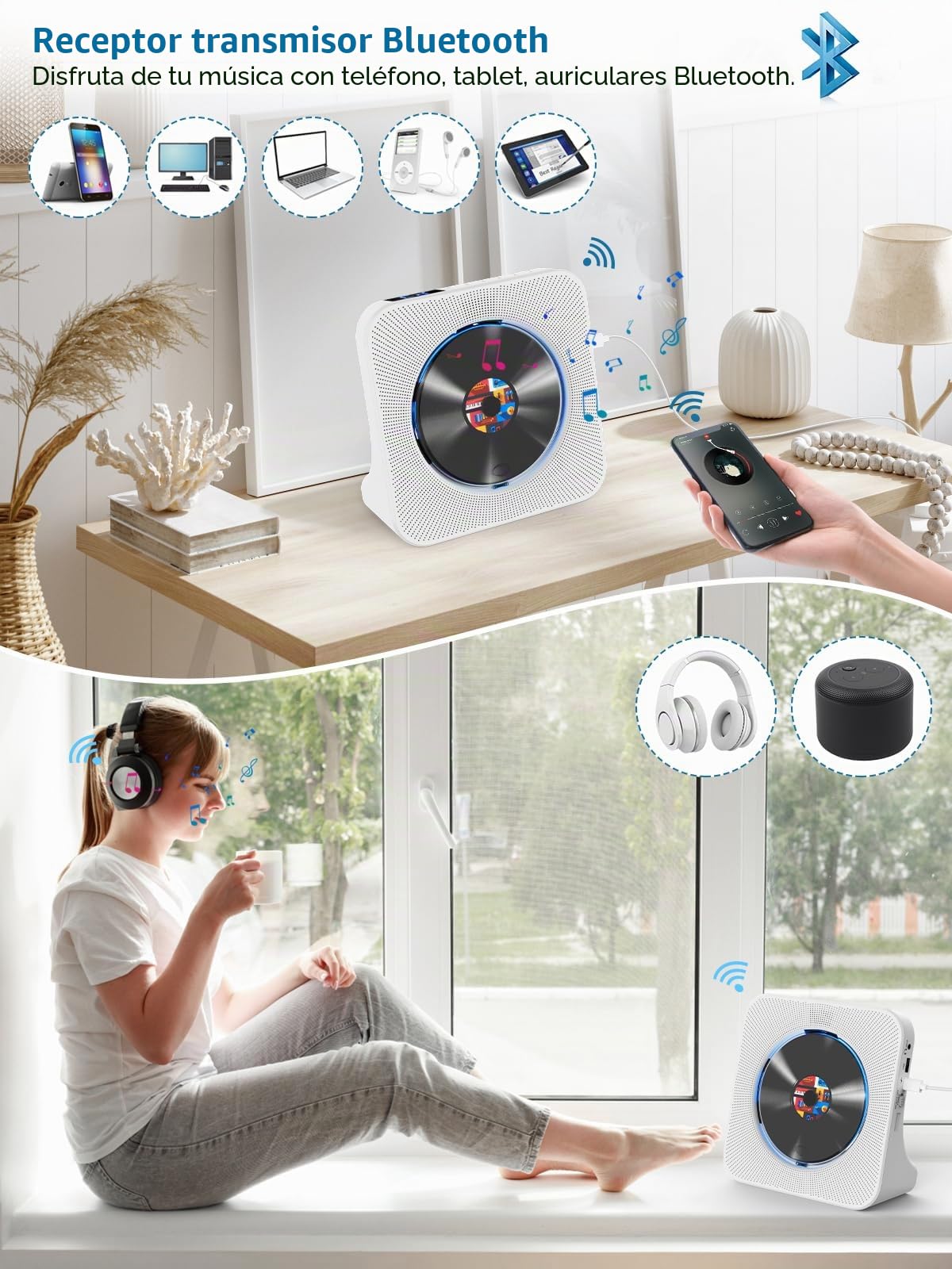 Gueray Reproductor de CD Bluetooth con Radio y Altavoces Blanco