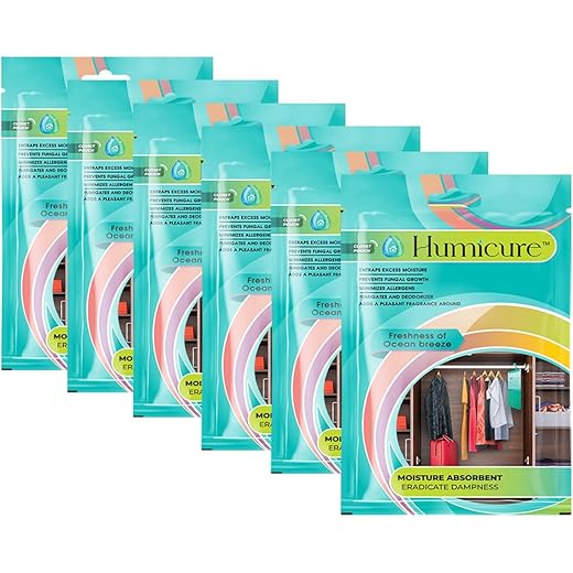 Humicure Moisture Absorber Hanging Bag Prevents Mould & Fungus, Dehumidifier Humidity Control with 1 Litre Absorption Capacity for Wardrobe, Bathroom, Kitchen, Bedroom (Pack of 6, Ocean Breeze)