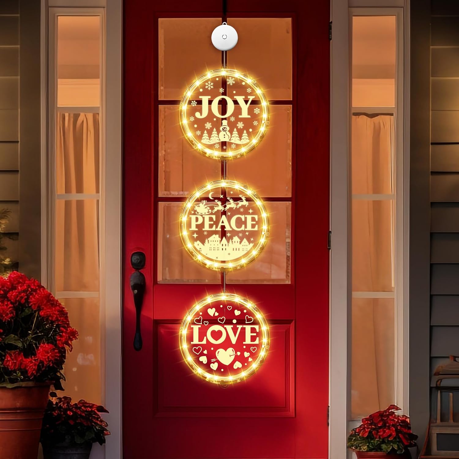 Retisee 3 in 1 Joy Christmas Lights for Front Door, 6.3 Inch Christmas Window Silhouette Lights Decorations Timer Battery Operated LED Joy Sign Hanging Light for Outdoor Indoor Home Shops(Classic)