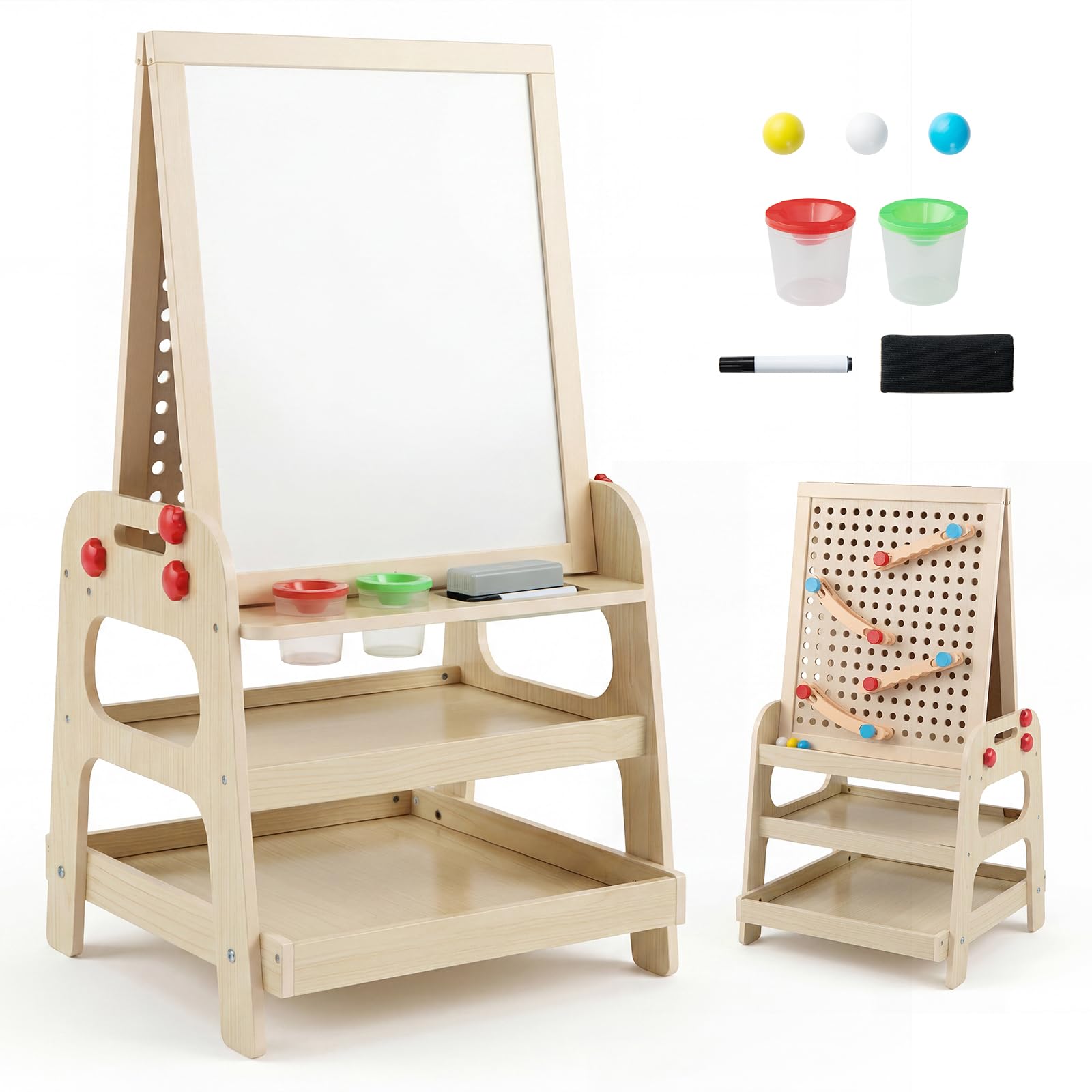 GYMAX 2 in 1 Wooden Kids Easel, Double Side Art Easel with Marble Run Game