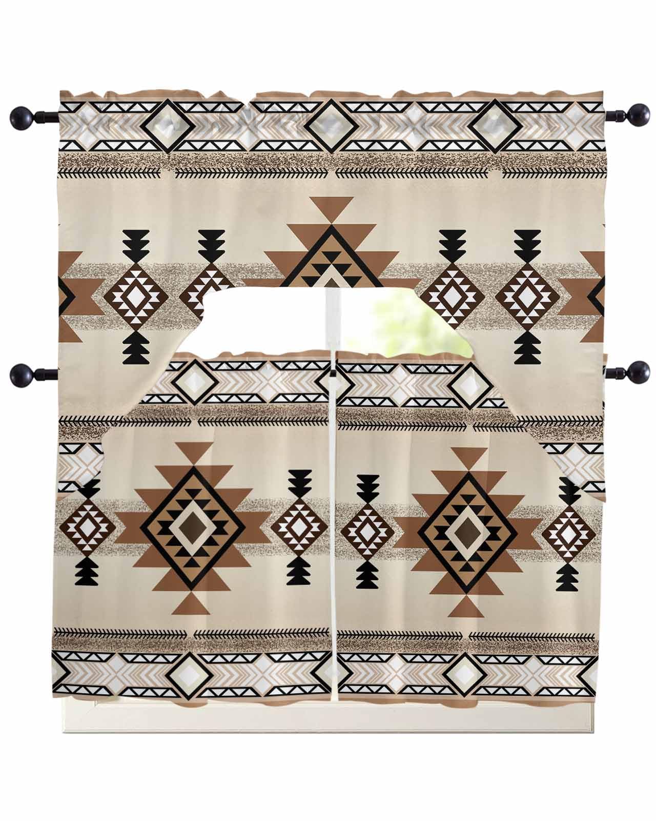Vintage Southwest Native American Swag Curtains Valance Tier Set, Rod Pocket Curtain Drapes for Bedroom Kitchen Curtains Over Sink 3 Piece Set Tribal