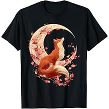 Japanese Fox Kitsune with Crescent Moon & Cherry Blossoms T-Shirt