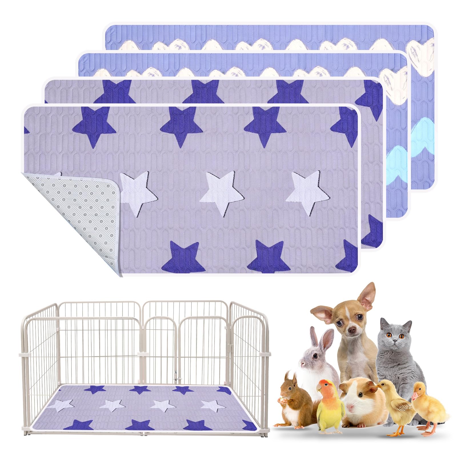 4 Pcs Guinea Pig Cage Liner, Washable Guinea Pig Bedding, Rabbit Bedding Waterproof Guinea Pig Pee Pads, Absorbent Guinea Pig Bedding for Small Animals Hamster Rabbit Squirrel Cage (Star 24‘’)
