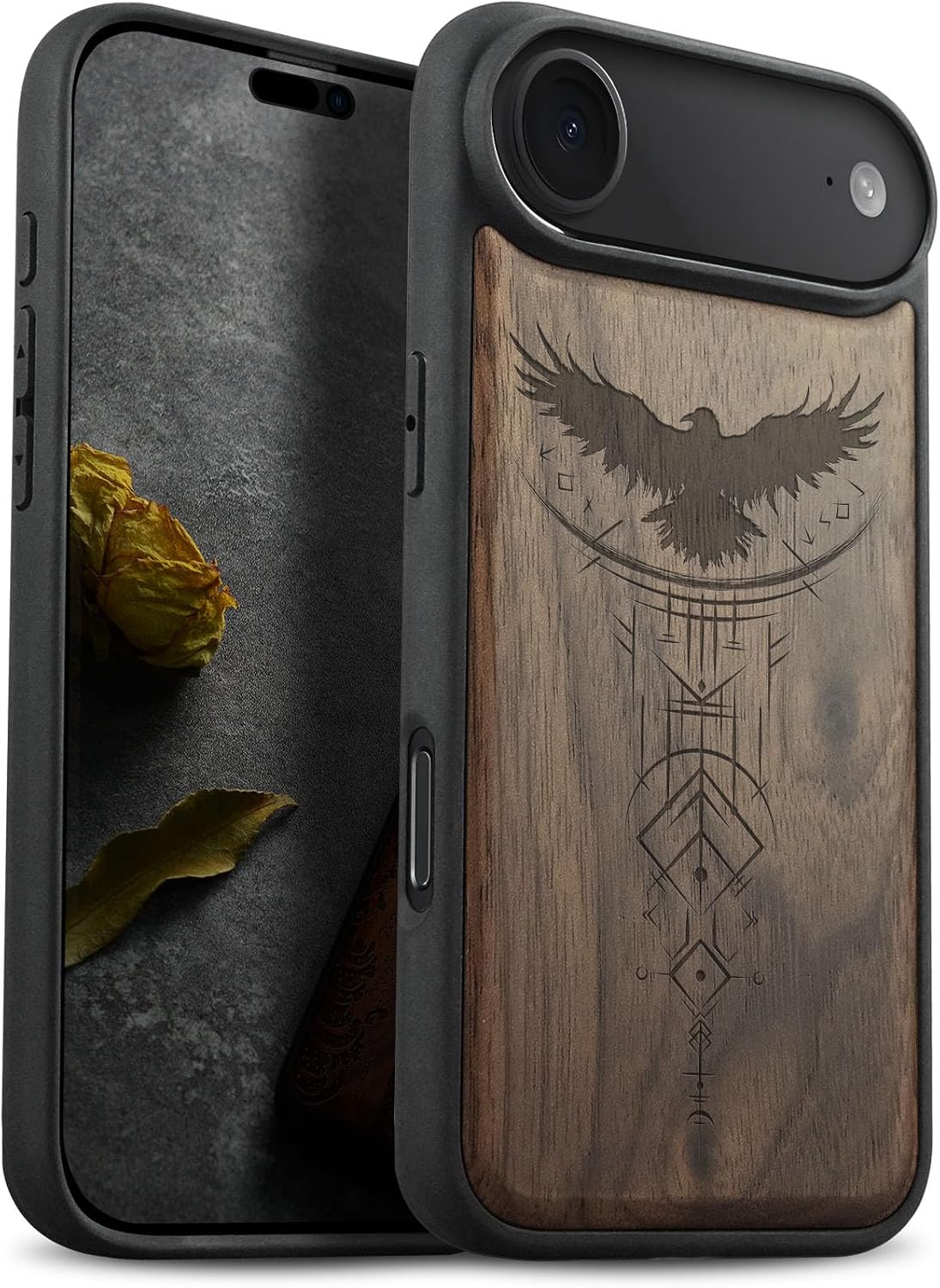 Carveit Magnetic Wooden Case for iPhone Air Case, Wood Artisan Engraved & Soft TPU Shockproof Cover, Compatible with MagSafe 17 Air Wireless Chargers (Valknut and Sword) Rosy