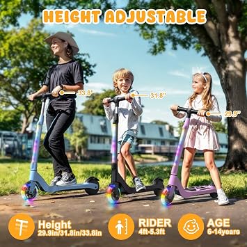 Electric Scooter for Kids Ages 6-12, Foldable Kick Scooter with 80W Motor, 6 MPH, LED Light-Up Deck, Adjustable Handlebar (Up to 36), Dual Brakes, UL Certified, Lightweight, Supports 140 lbs